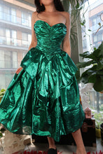 Load image into Gallery viewer, 1980s Vintage Metallic Green Foil Party Dress – Strapless Ruched Peplum Prom Dress

