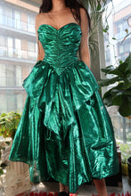 Load image into Gallery viewer, 1980s Vintage Metallic Green Foil Party Dress – Strapless Ruched Peplum Prom Dress
