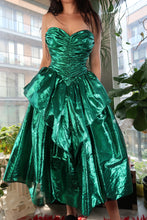 Load image into Gallery viewer, 1980s Vintage Metallic Green Foil Party Dress – Strapless Ruched Peplum Prom Dress
