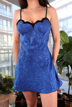 Load image into Gallery viewer, Vintage Gold Label Victoria’s Secret Blue Jacquard Satin Velvet-Trim Slip Dress
