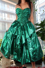 Load image into Gallery viewer, 1980s Vintage Metallic Green Foil Party Dress – Strapless Ruched Peplum Prom Dress
