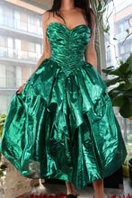 Load image into Gallery viewer, 1980s Vintage Metallic Green Foil Party Dress – Strapless Ruched Peplum Prom Dress
