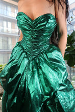 Load image into Gallery viewer, 1980s Vintage Metallic Green Foil Party Dress – Strapless Ruched Peplum Prom Dress
