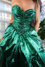 Load image into Gallery viewer, 1980s Vintage Metallic Green Foil Party Dress – Strapless Ruched Peplum Prom Dress
