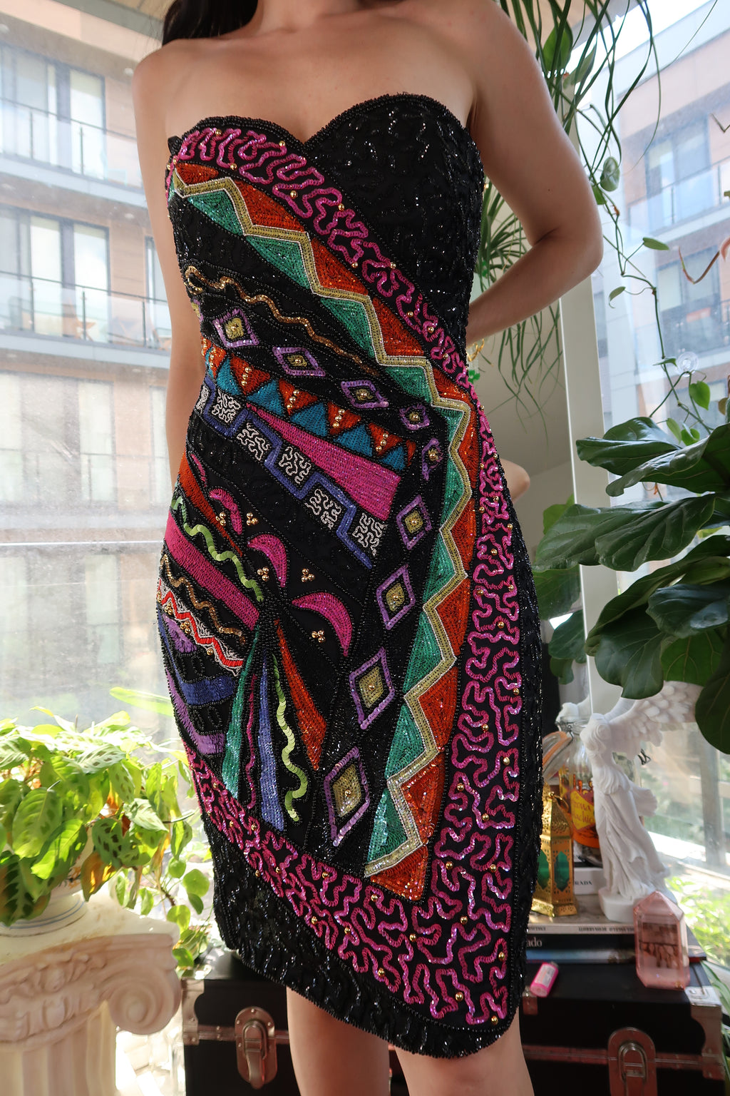 Vintage Leslie Fay 100% Silk Beaded Strapless Mini Dress – Art Deco Pop