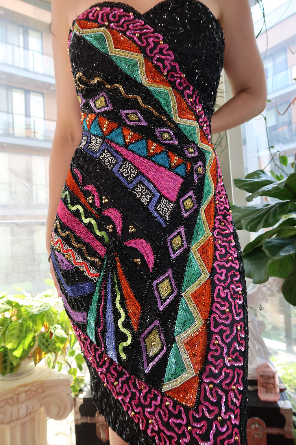 Vintage Leslie Fay 100% Silk Beaded Strapless Mini Dress – Art Deco Pop