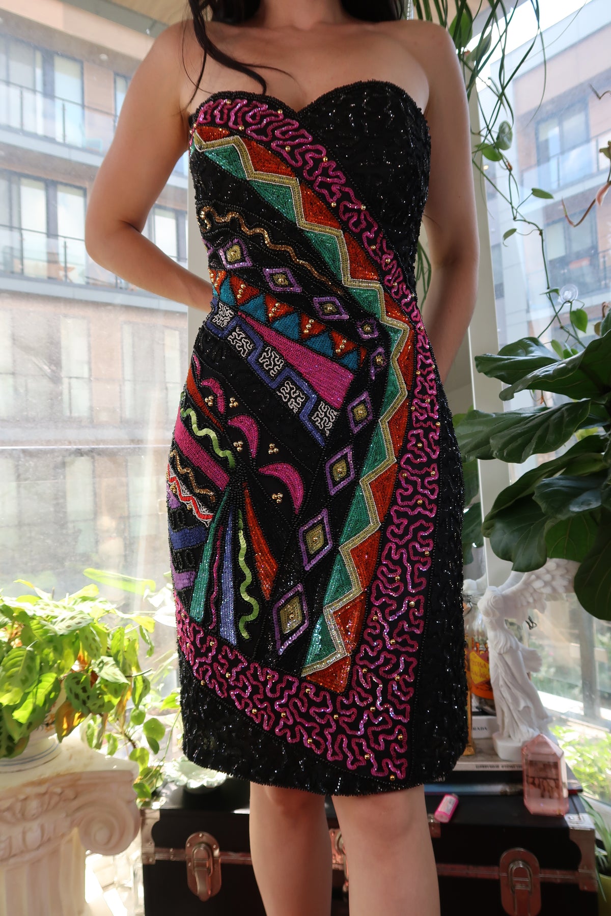 Vintage Leslie Fay 100% Silk Beaded Strapless Mini Dress – Art Deco Pop