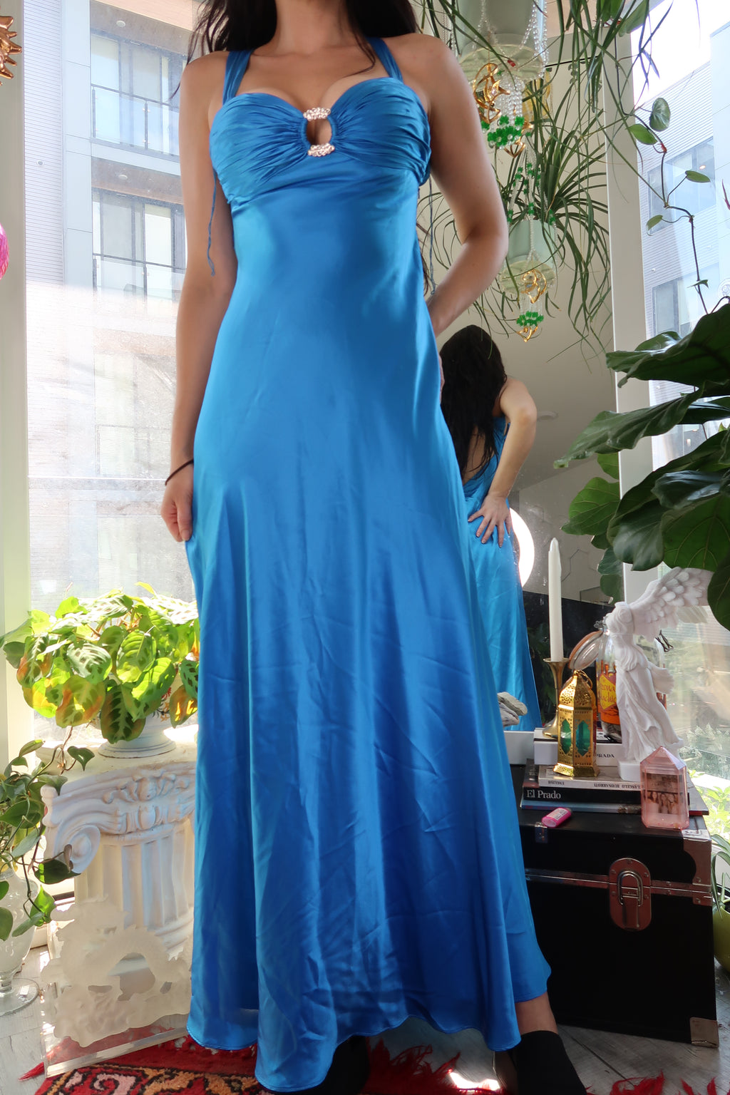 Elegant vintage blue silk evening gown with rhinestone details by Elektra Vintage, showcasing a classic Y2K glam style.