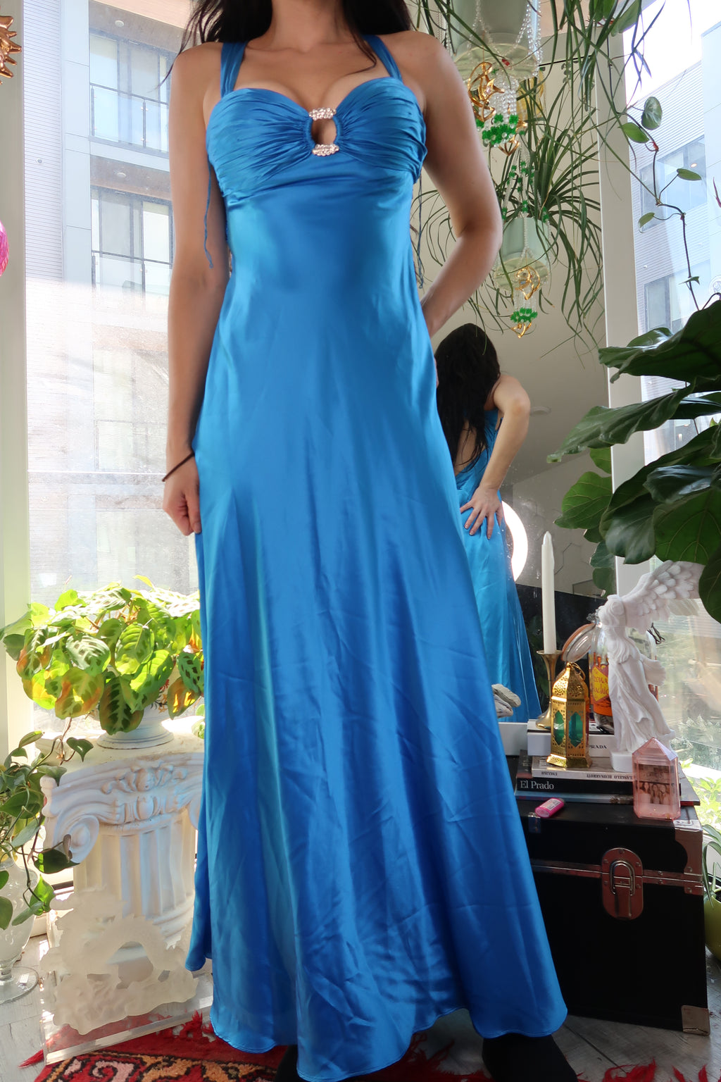 Vintage 100% silk blue evening gown with rhinestone details from Elektra Vintage, showcasing elegant Y2K glam style.