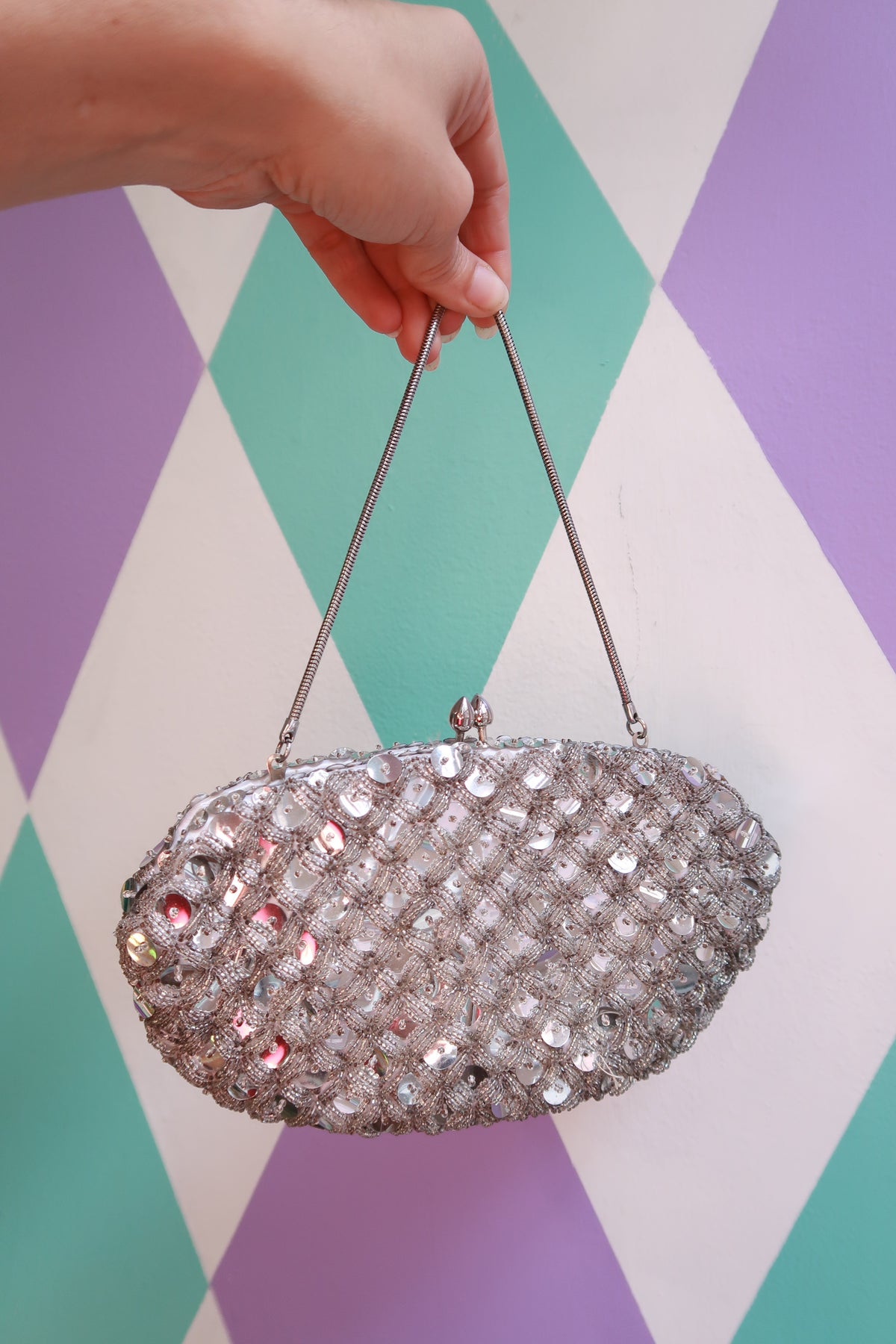 Elektra Vintage vintage silver sequin beaded handbag with intricate beading and a compact bag design, perfect for evening occasions.