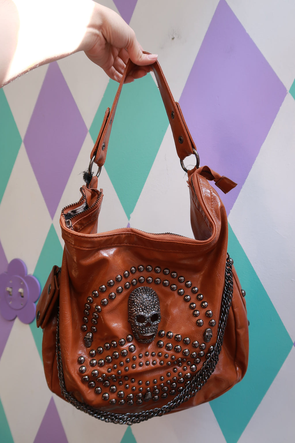 Vintage Y2K Cognac Studded Skull Hobo Shoulder Bag with Chain Detail
