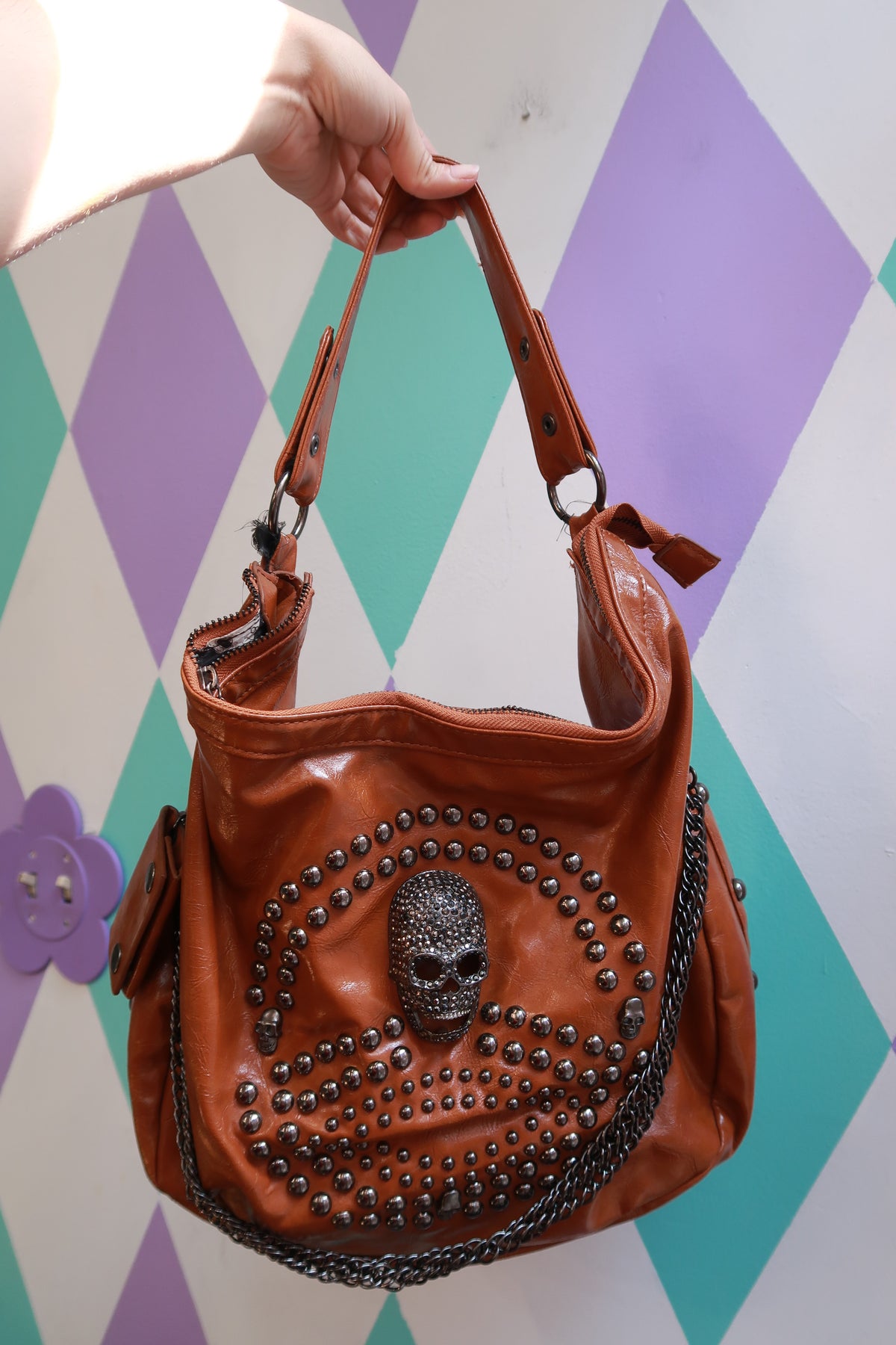 Vintage Y2K Cognac Studded Skull Hobo Shoulder Bag with Chain Detail