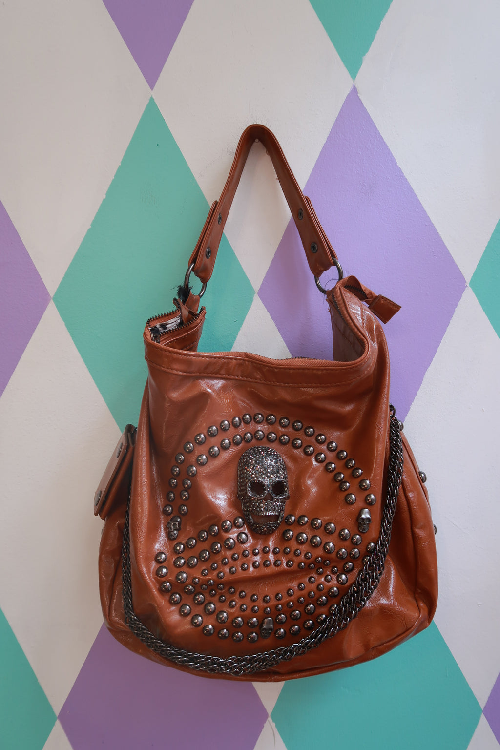 Vintage Y2K Cognac Studded Skull Hobo Shoulder Bag with Chain Detail