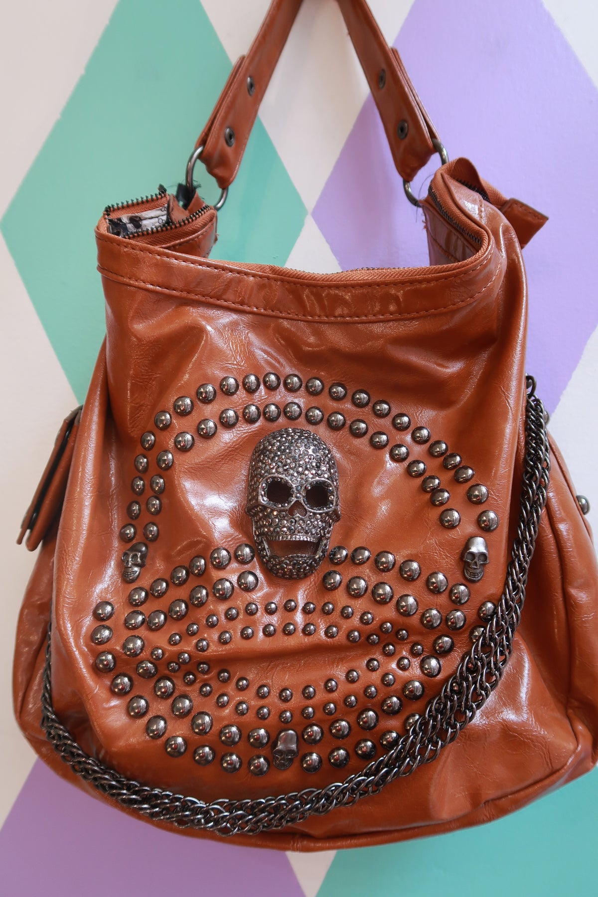 Vintage Y2K Cognac Studded Skull Hobo Shoulder Bag with Chain Detail