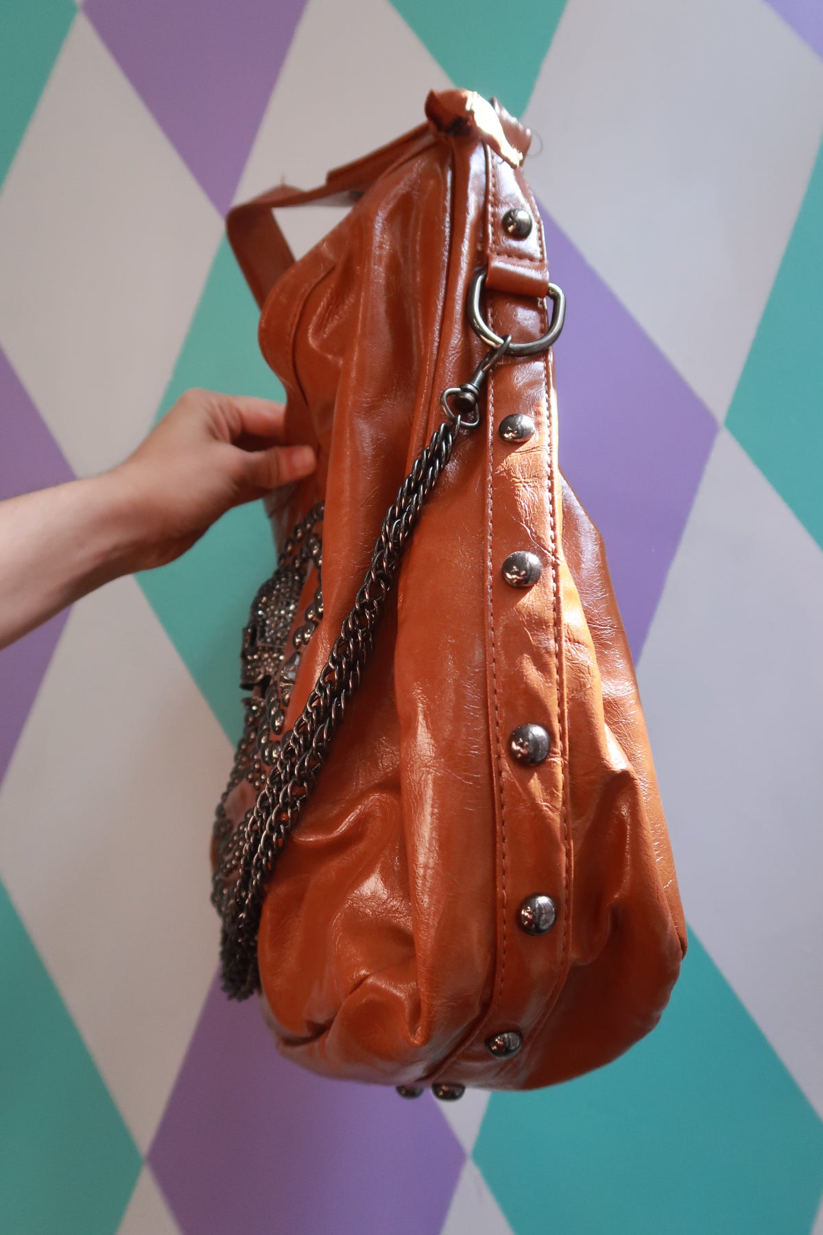 Vintage Y2K Cognac Studded Skull Hobo Shoulder Bag with Chain Detail