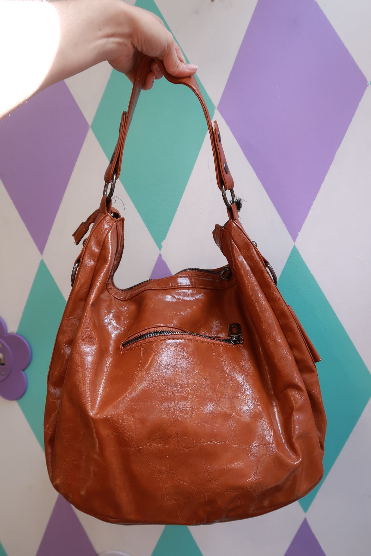Vintage Y2K Cognac Studded Skull Hobo Shoulder Bag with Chain Detail