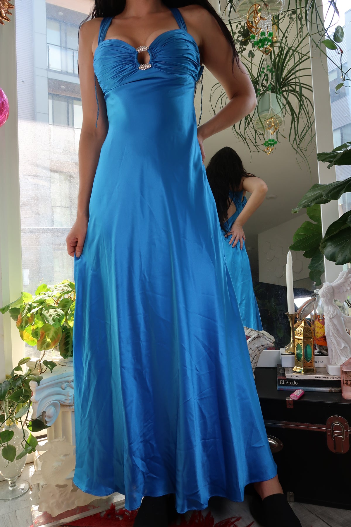 Vintage Elektra Vintage silk blue evening gown with rhinestone details, classic Y2K glam style, elegant dress for formal events.