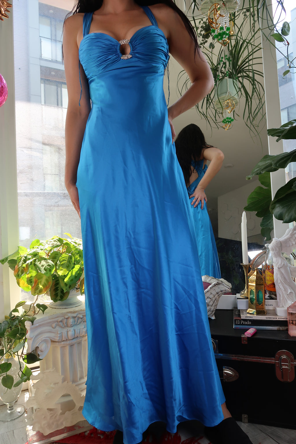 Vintage 100% silk blue evening gown with rhinestone details, elegant Y2K glam dress by Elektra Vintage.