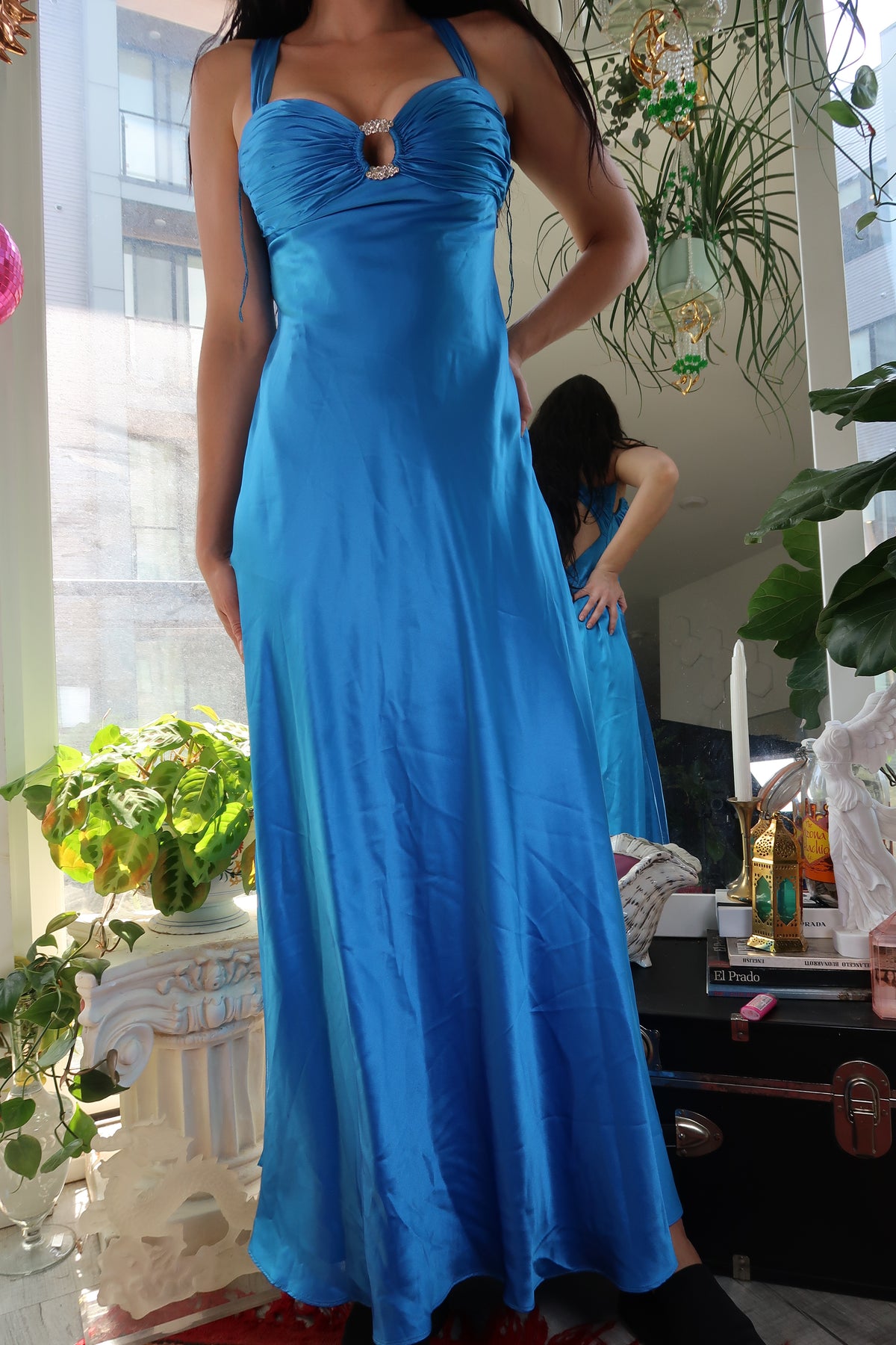Vintage 100% silk blue evening gown with rhinestone details, elegant Y2K glam dress by Elektra Vintage.