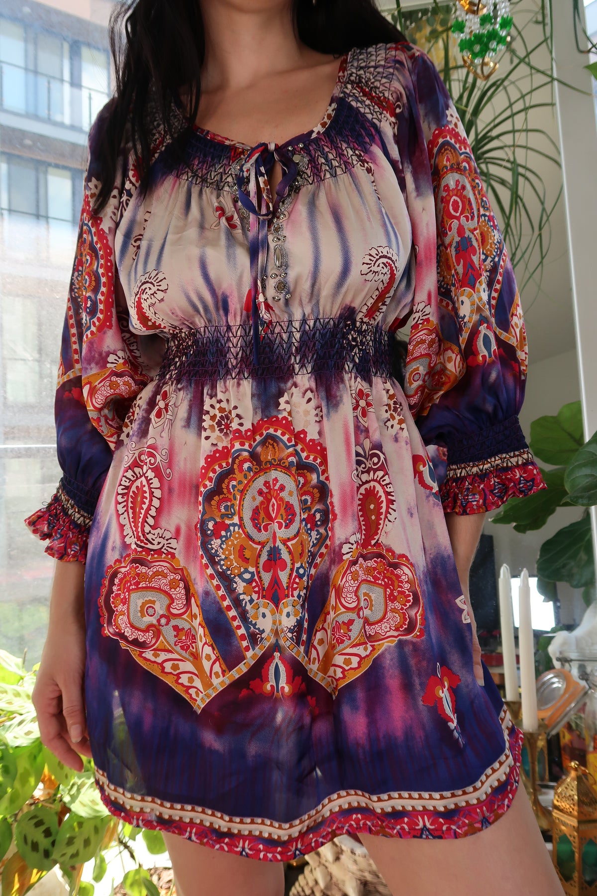 Vintage 2000s Boho Paisley Tunic Dress – Smocked Waist Hippie Mini Dress