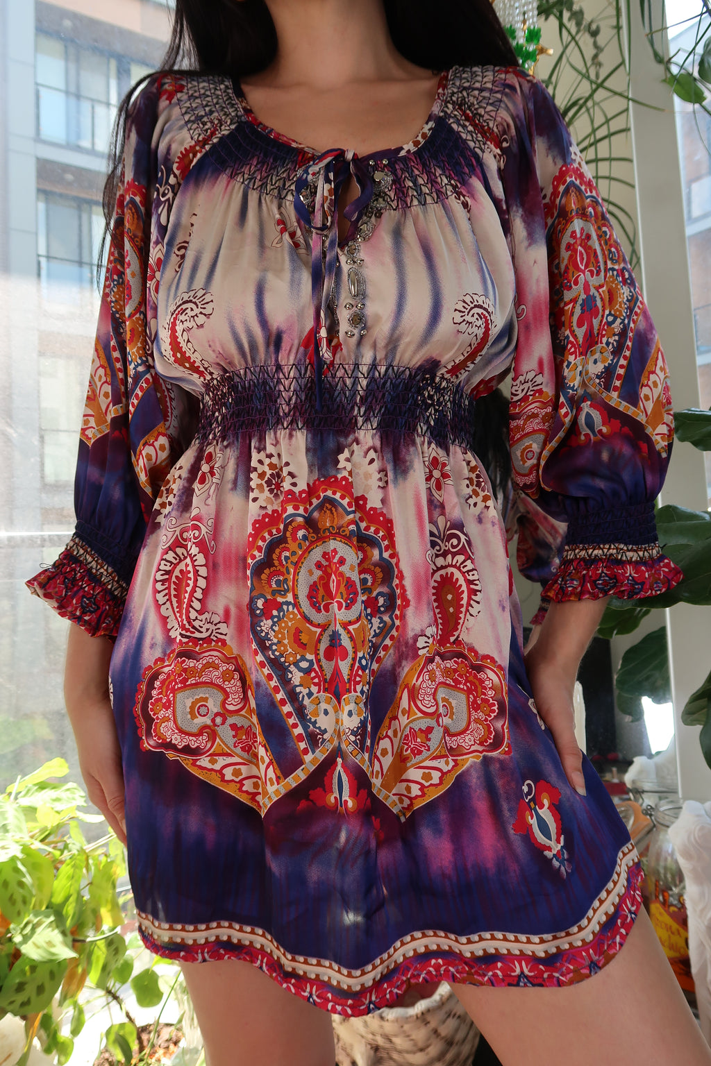 Vintage 2000s Boho Paisley Tunic Dress – Smocked Waist Hippie Mini Dress