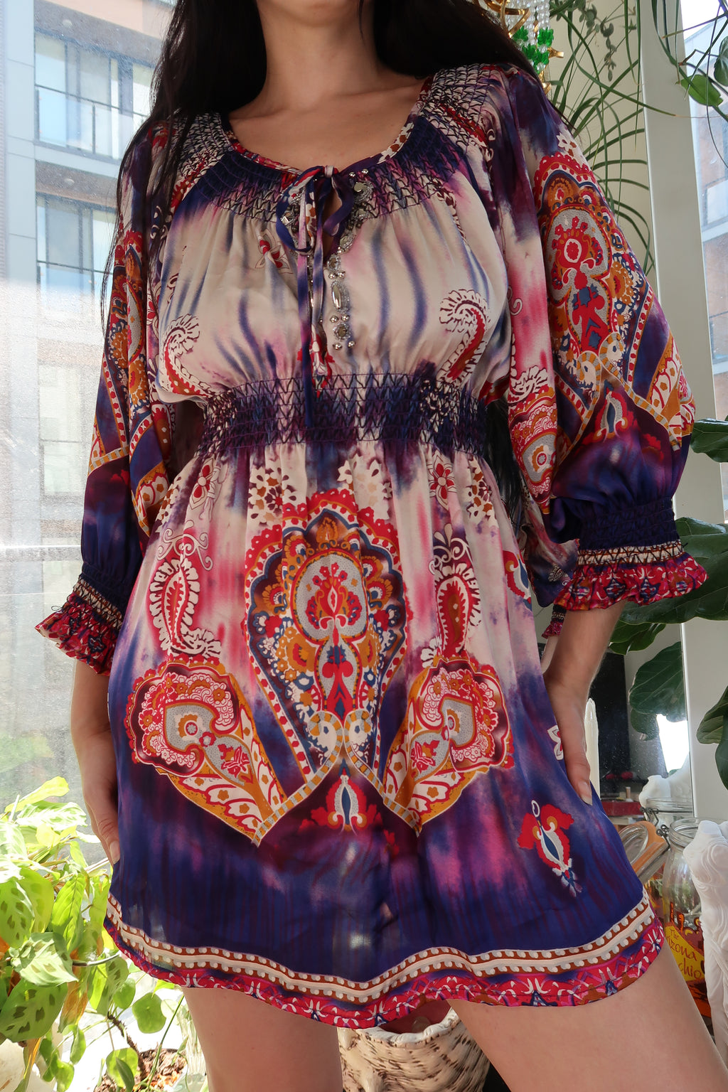 Vintage 2000s Boho Paisley Tunic Dress – Smocked Waist Hippie Mini Dress