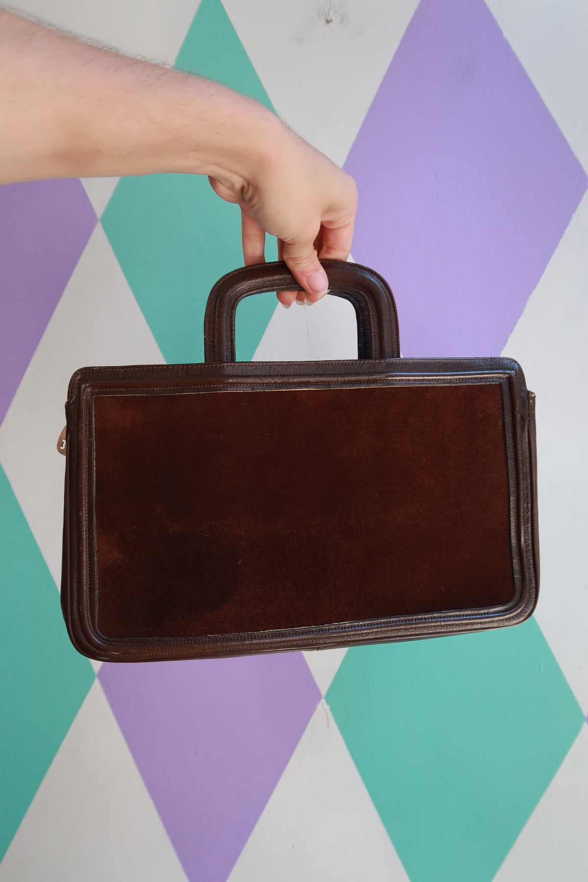 Vintage Elektra Vintage brown suede and leather top handle handbag with gold hardware and structured design.