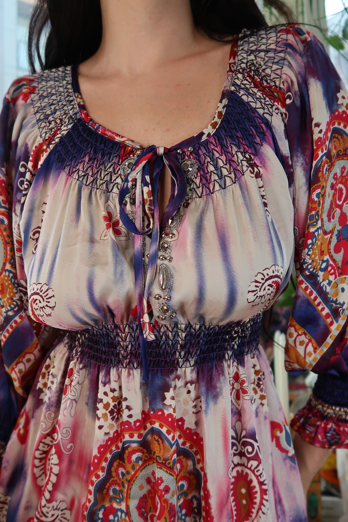 Vintage 2000s Boho Paisley Tunic Dress – Smocked Waist Hippie Mini Dress