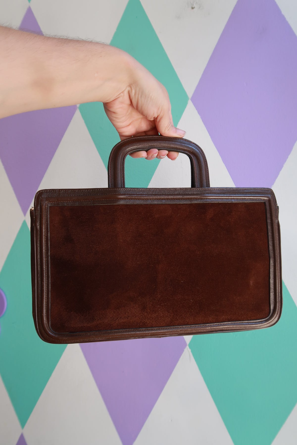Vintage brown suede and leather top handle handbag by Elektra Vintage, showing detailed texture and elegant design.