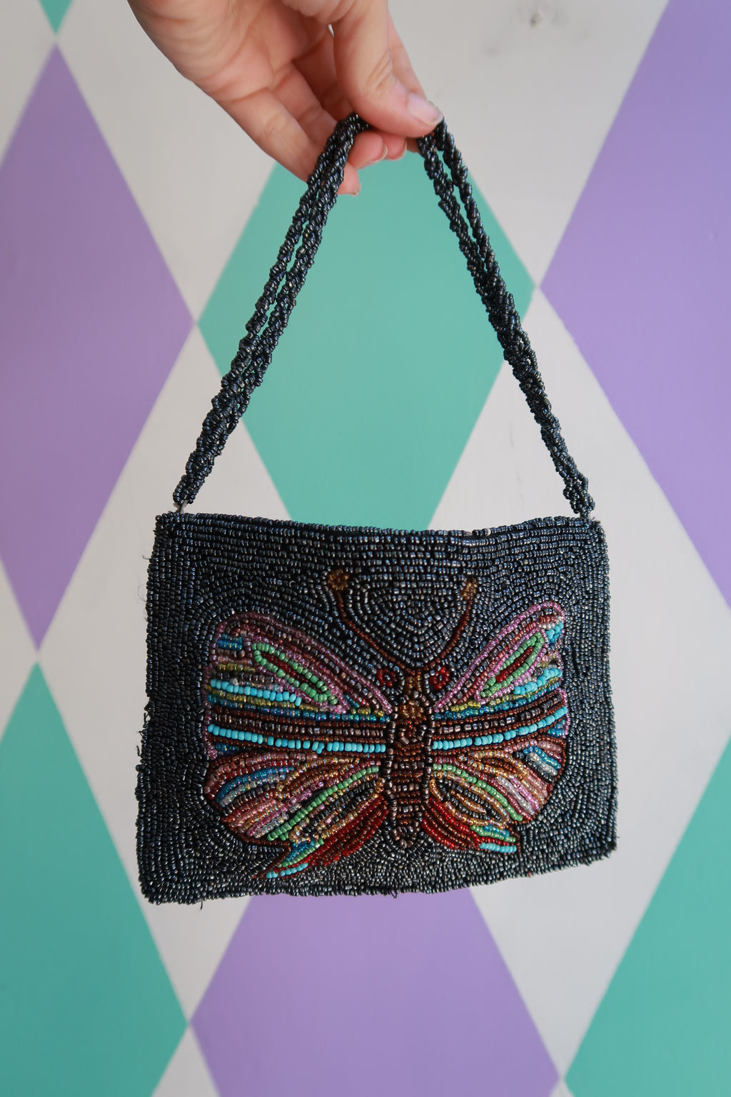 Vintage Black Beaded Butterfly Evening Bag Purse