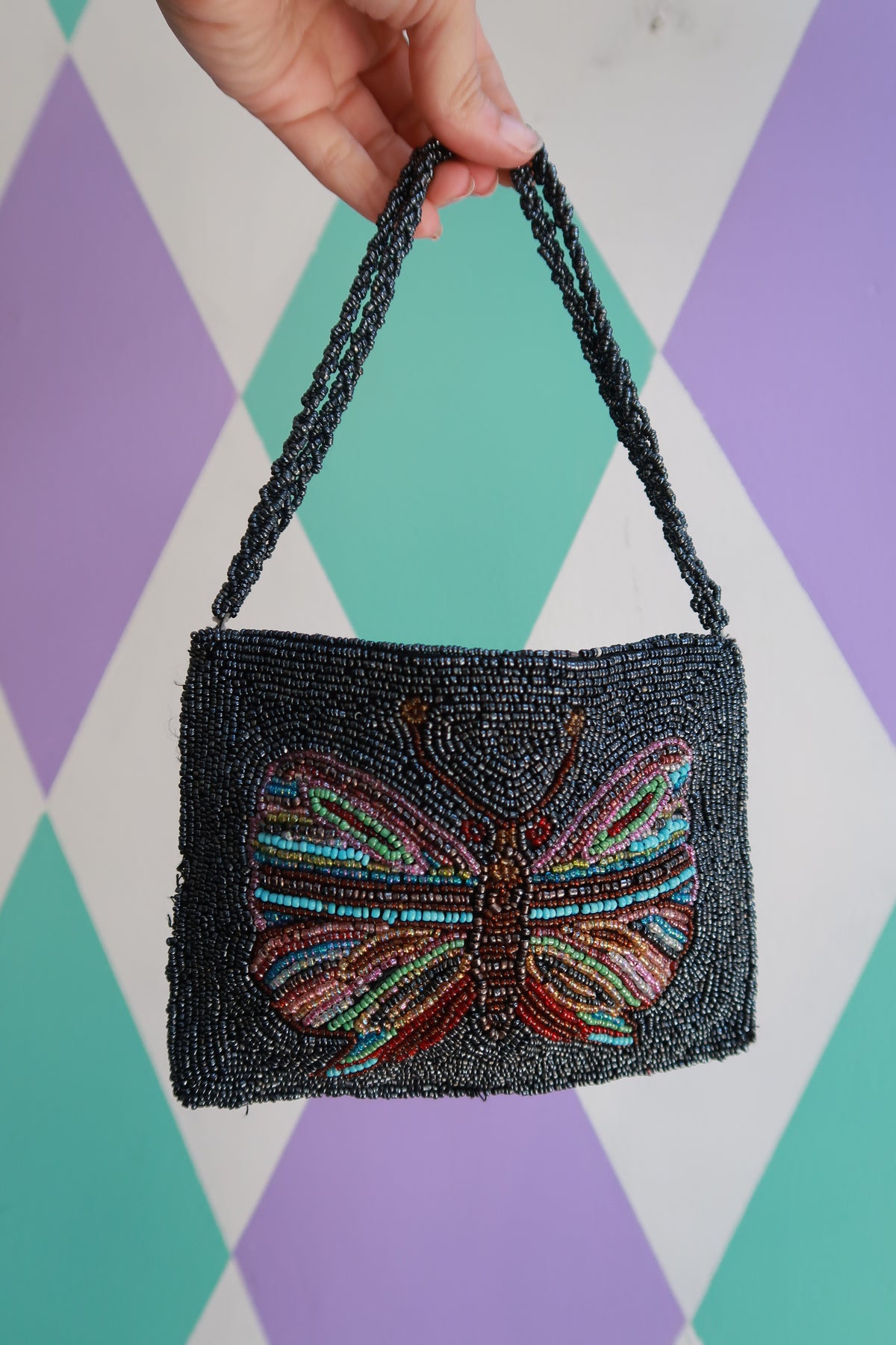 Vintage Black Beaded Butterfly Evening Bag Purse