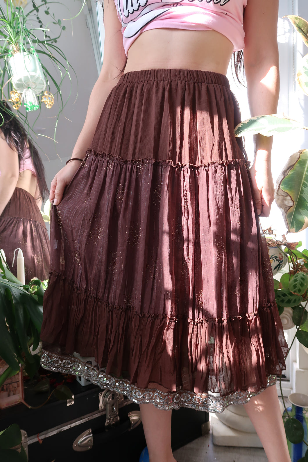 Vintage Brown Whimsigoth Boho Midi Skirt