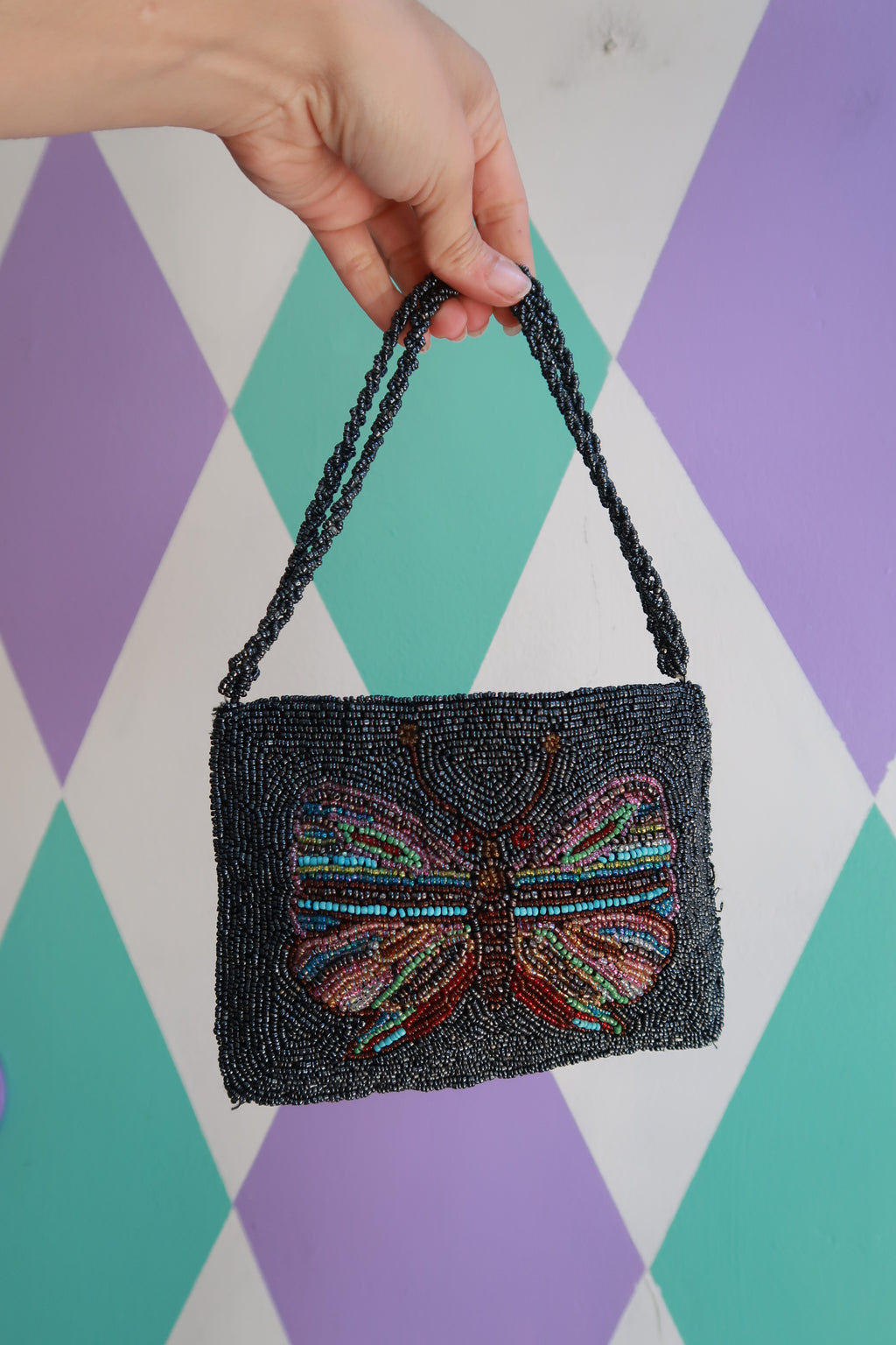 Vintage Black Beaded Butterfly Evening Bag Purse
