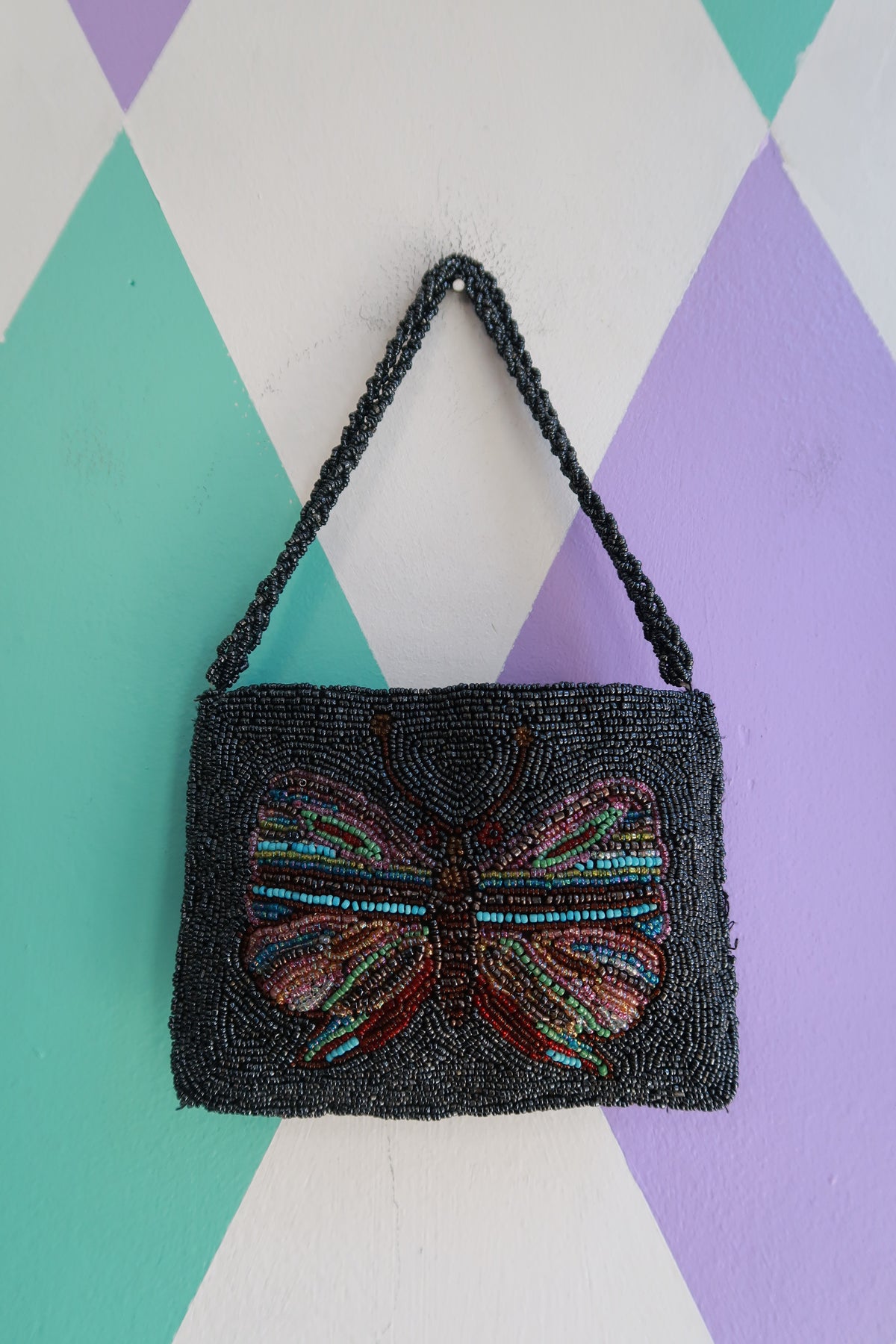 Vintage Black Beaded Butterfly Evening Bag Purse