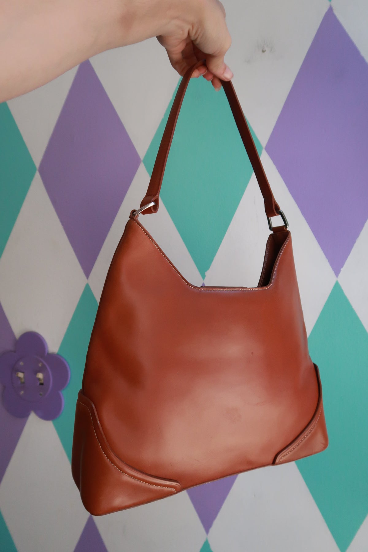 Vintage Genuine Leather Cognac Brown Minimalist Shoulder Bag