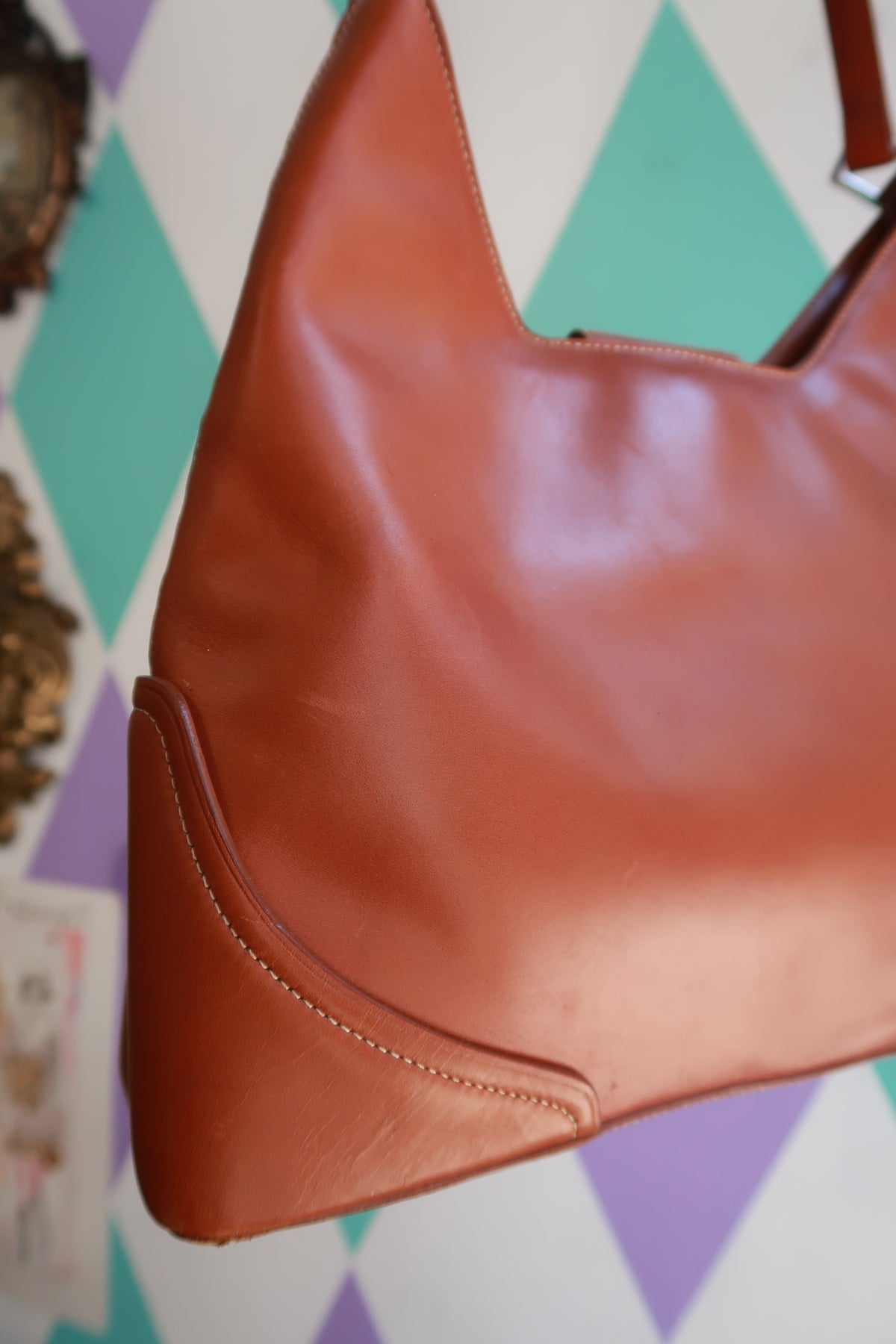 Vintage Genuine Leather Cognac Brown Minimalist Shoulder Bag
