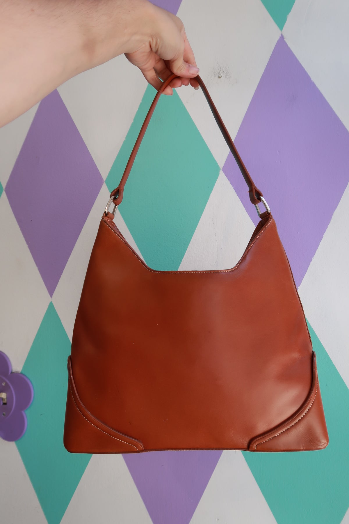 Vintage Genuine Leather Cognac Brown Minimalist Shoulder Bag