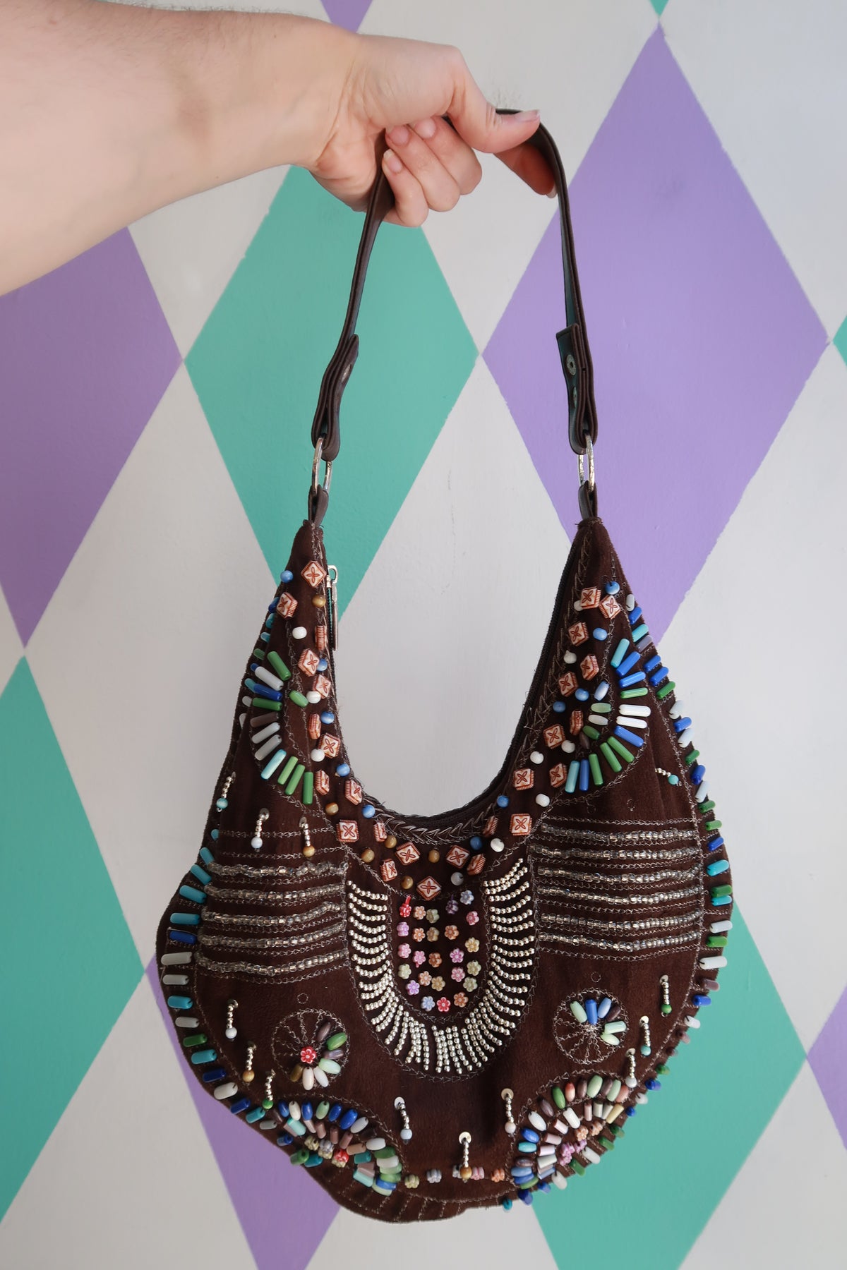 Vintage Brown Beaded Boho Hobo Shoulder Bag