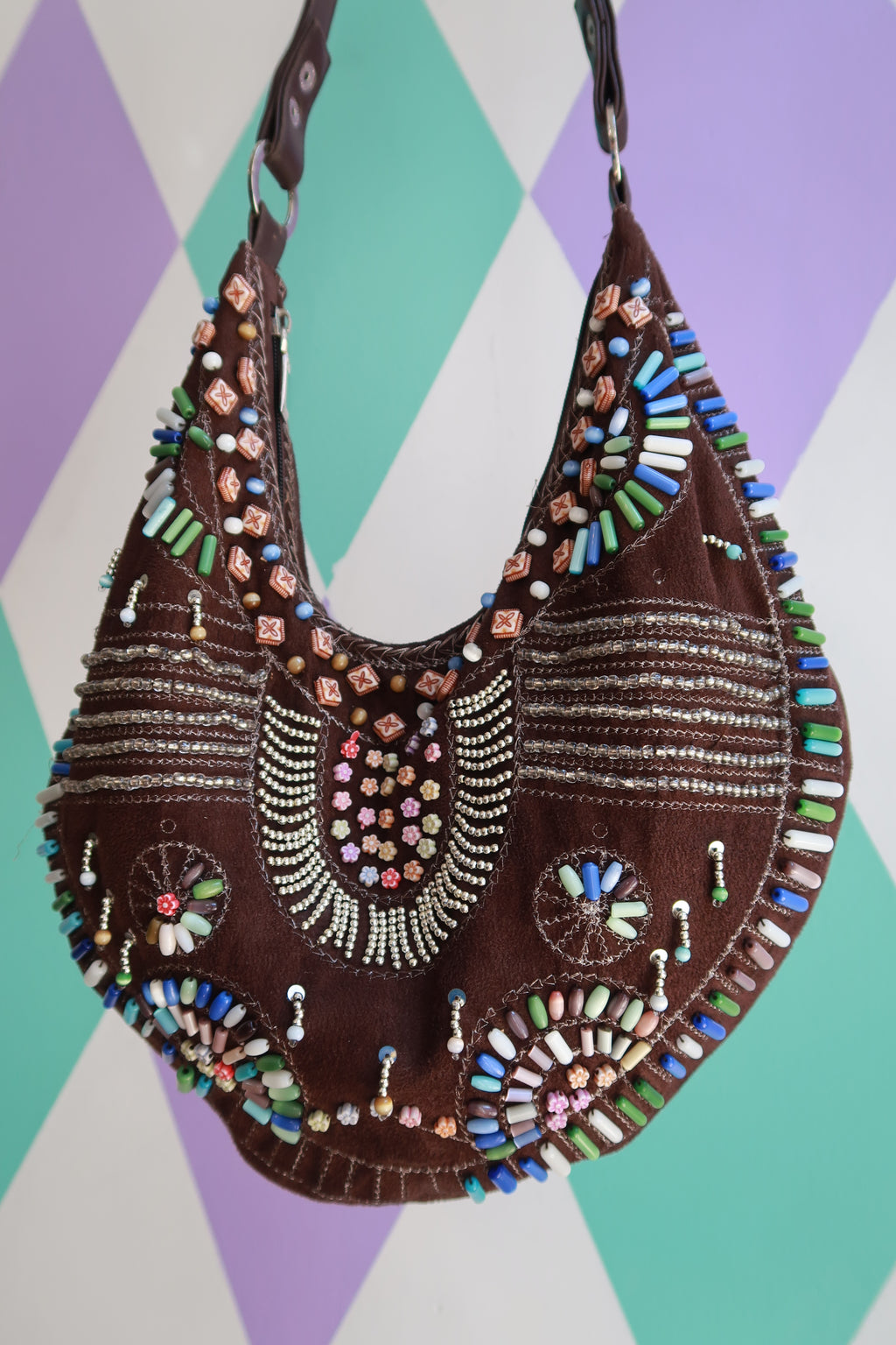 Vintage Brown Beaded Boho Hobo Shoulder Bag