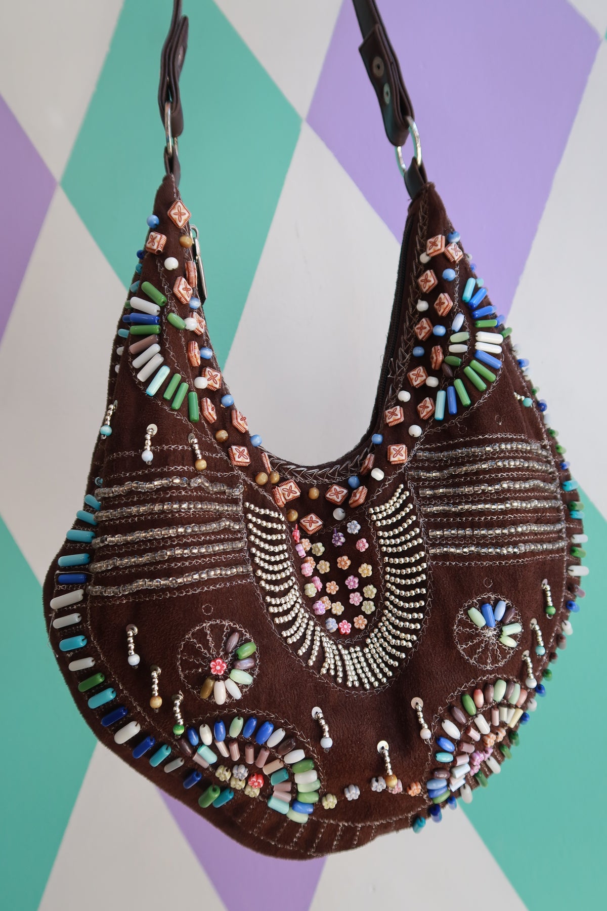 Vintage Brown Beaded Boho Hobo Shoulder Bag