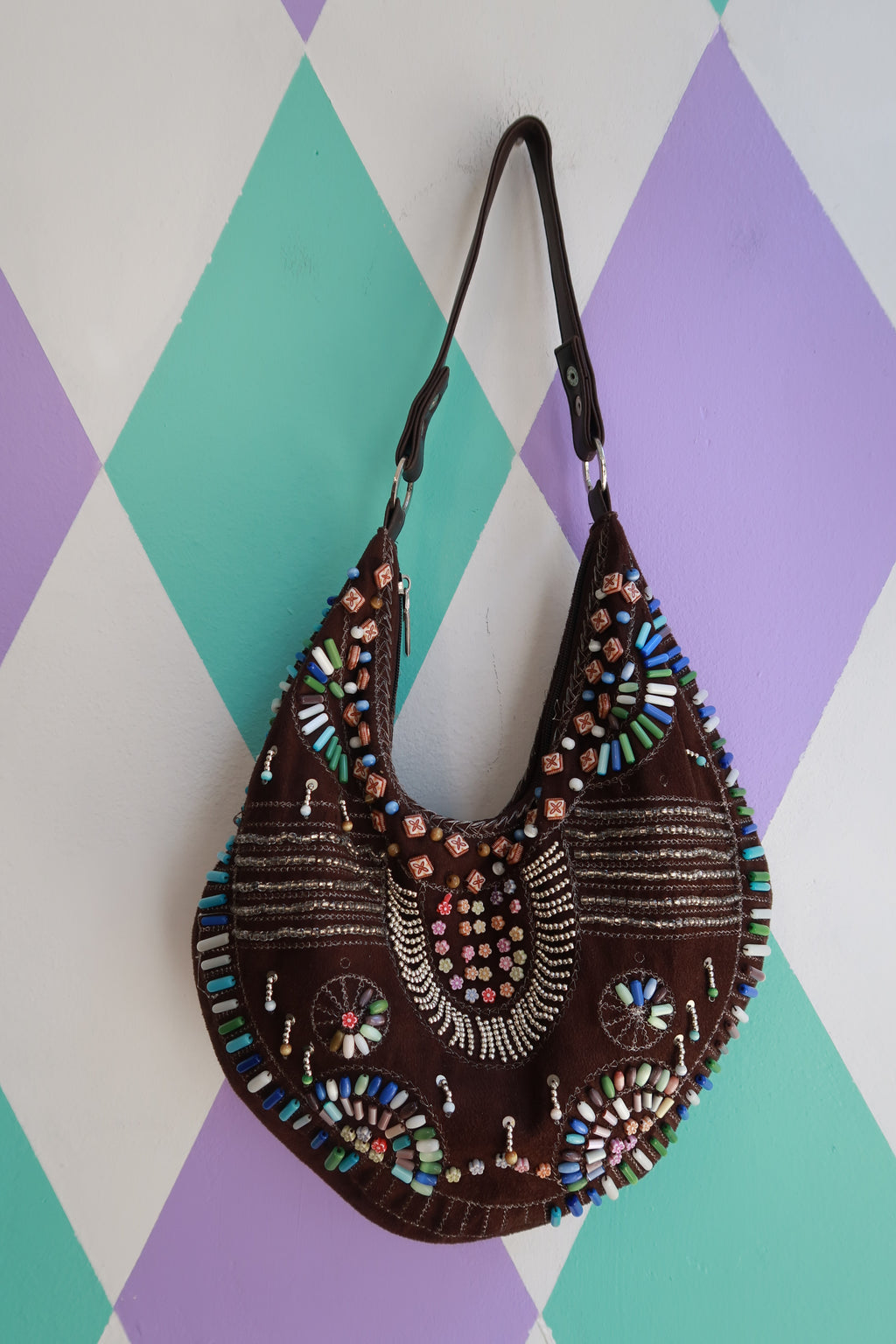 Vintage Brown Beaded Boho Hobo Shoulder Bag