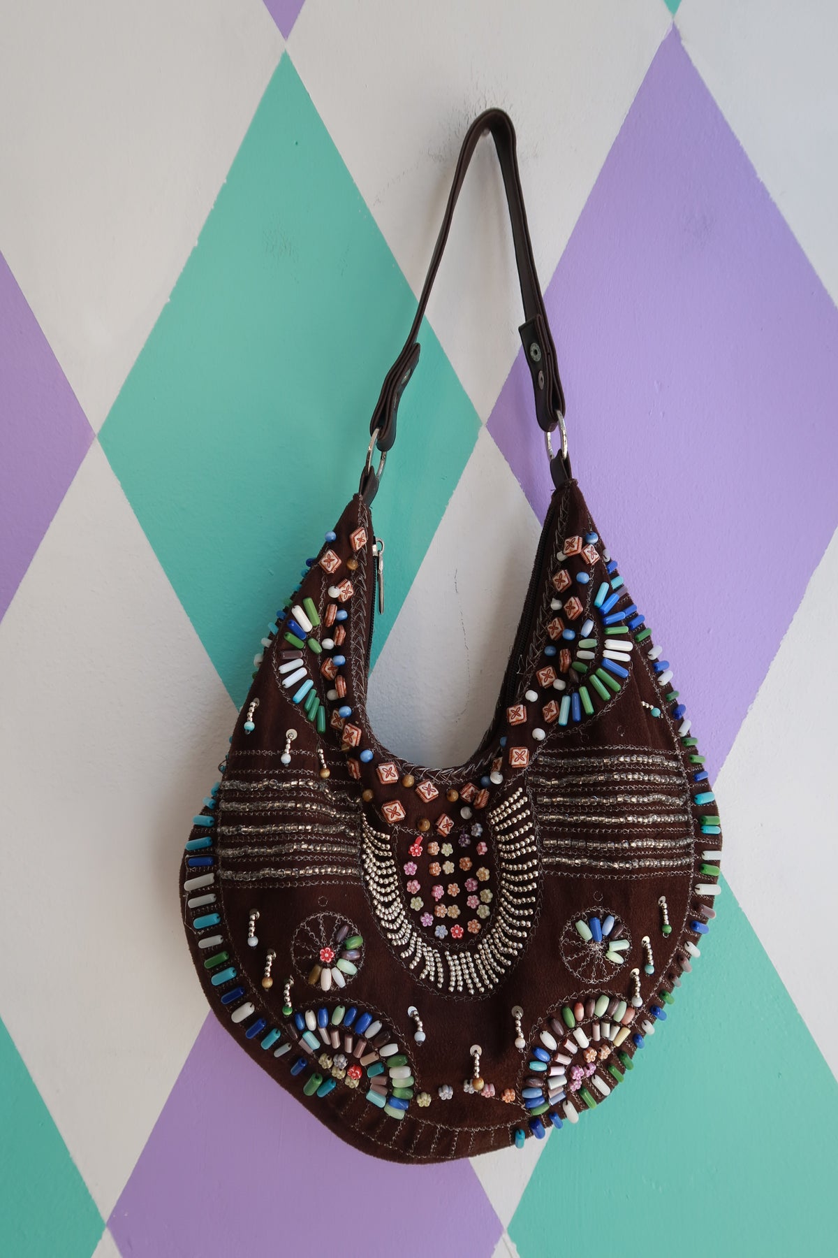 Vintage Brown Beaded Boho Hobo Shoulder Bag
