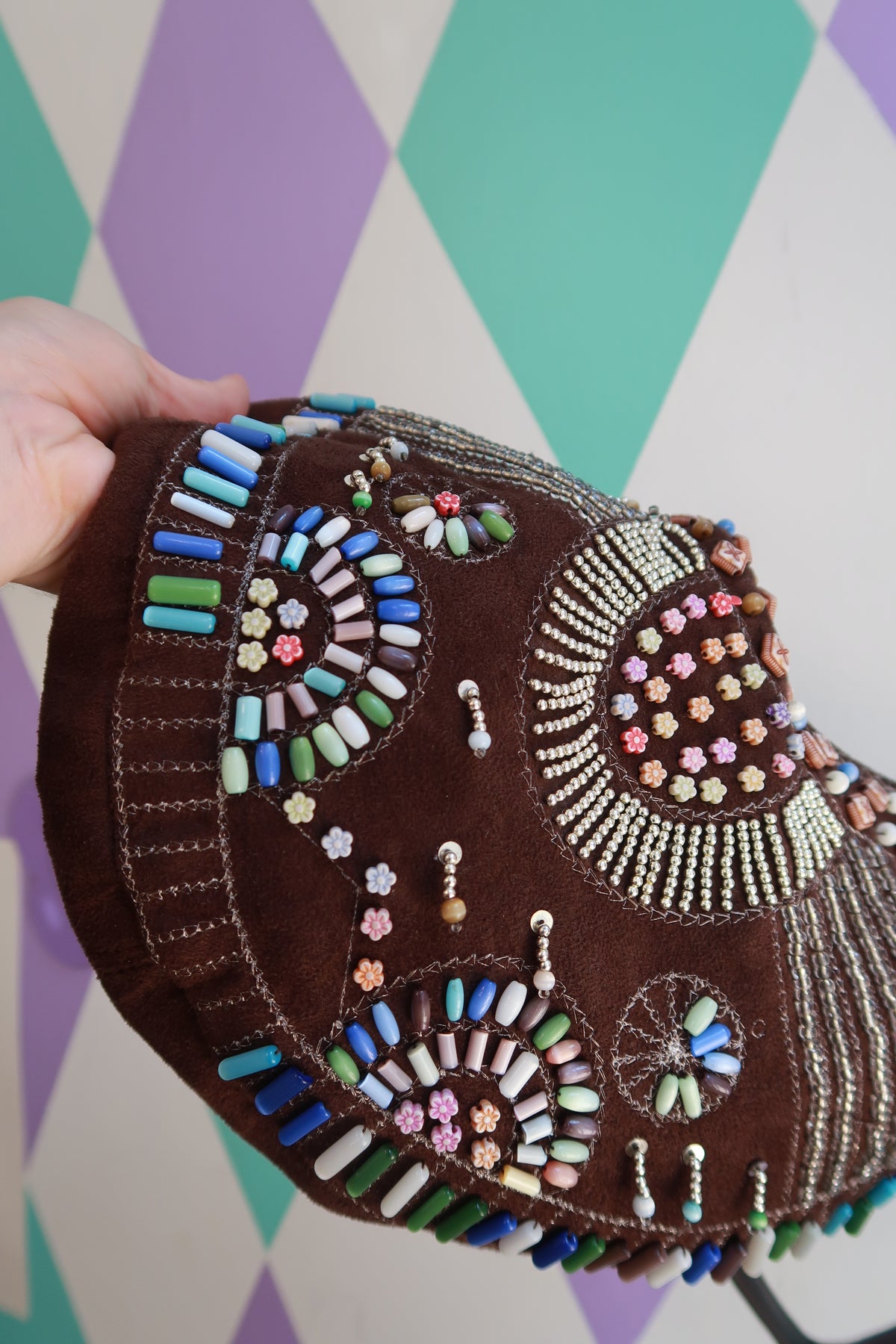 Vintage Brown Beaded Boho Hobo Shoulder Bag