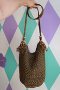 Vintage Brown Crochet Boho Shoulder Bag with Wooden Bead Accents