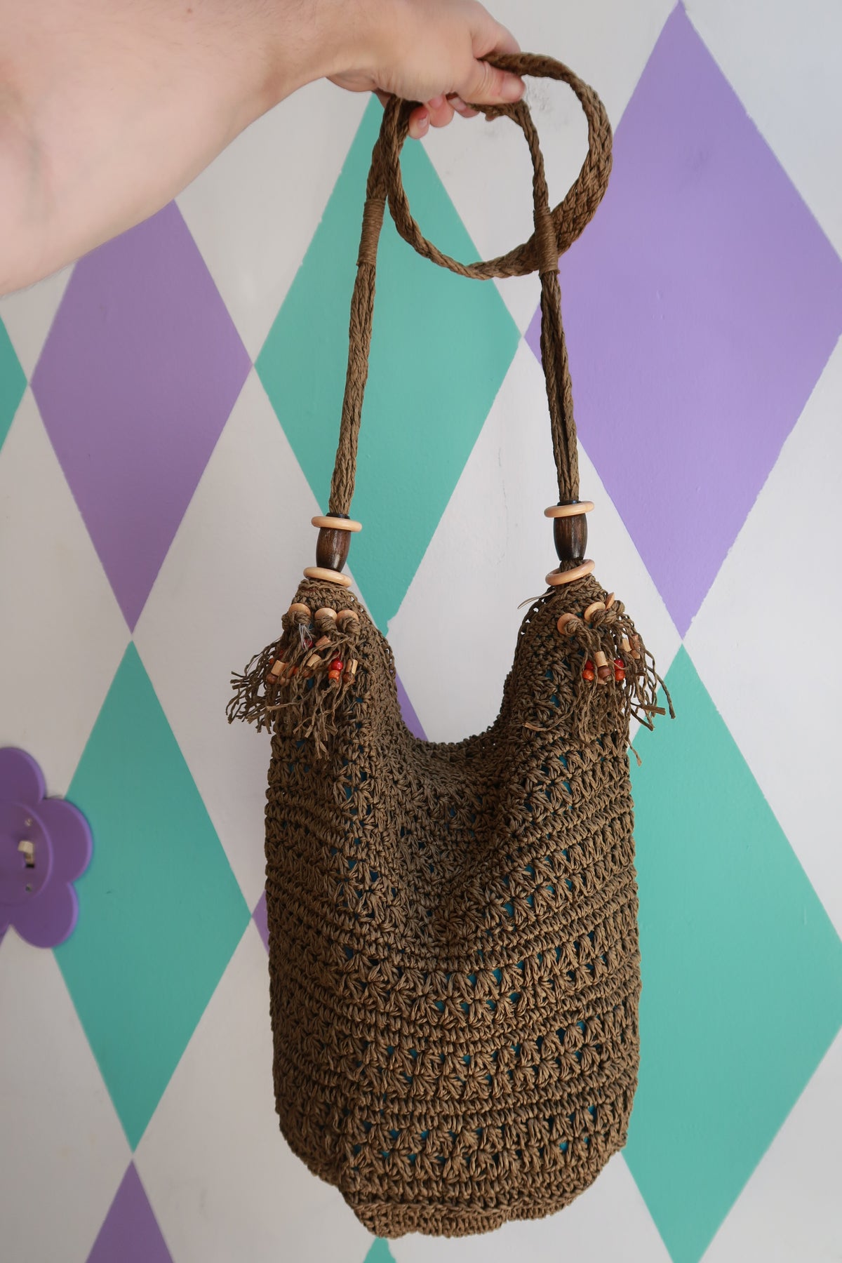 Vintage Brown Crochet Boho Shoulder Bag with Wooden Bead Accents