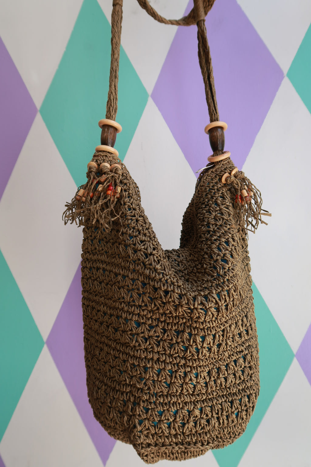 Vintage Brown Crochet Boho Shoulder Bag with Wooden Bead Accents