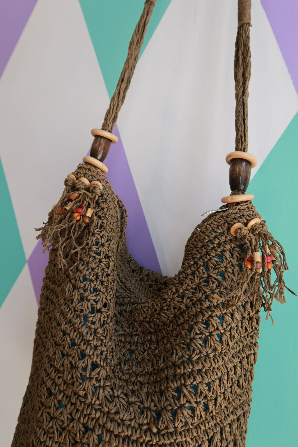 Vintage Brown Crochet Boho Shoulder Bag with Wooden Bead Accents