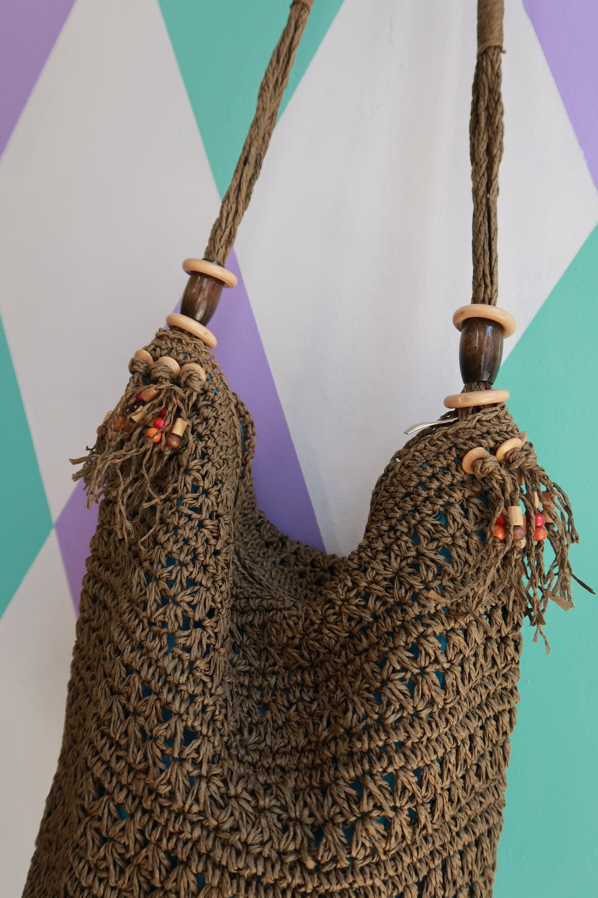 Vintage Brown Crochet Boho Shoulder Bag with Wooden Bead Accents