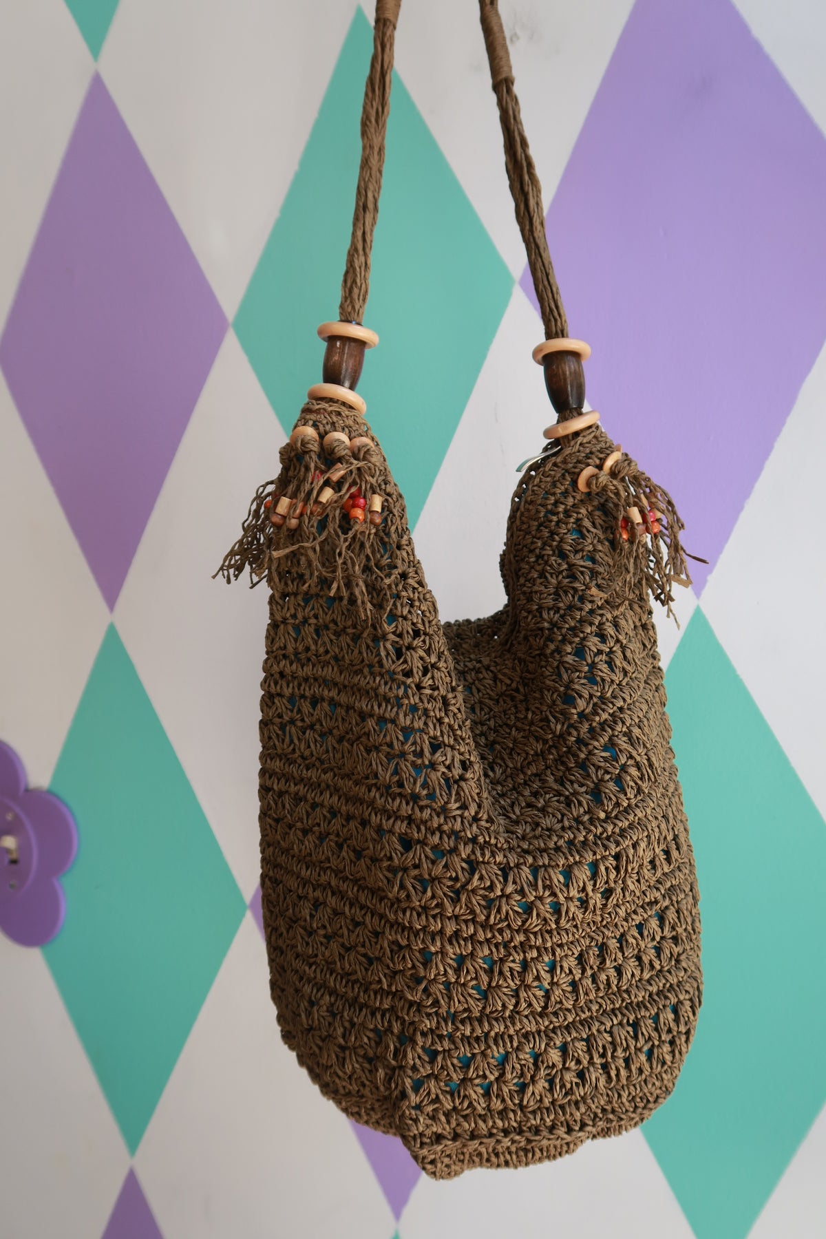 Vintage Brown Crochet Boho Shoulder Bag with Wooden Bead Accents