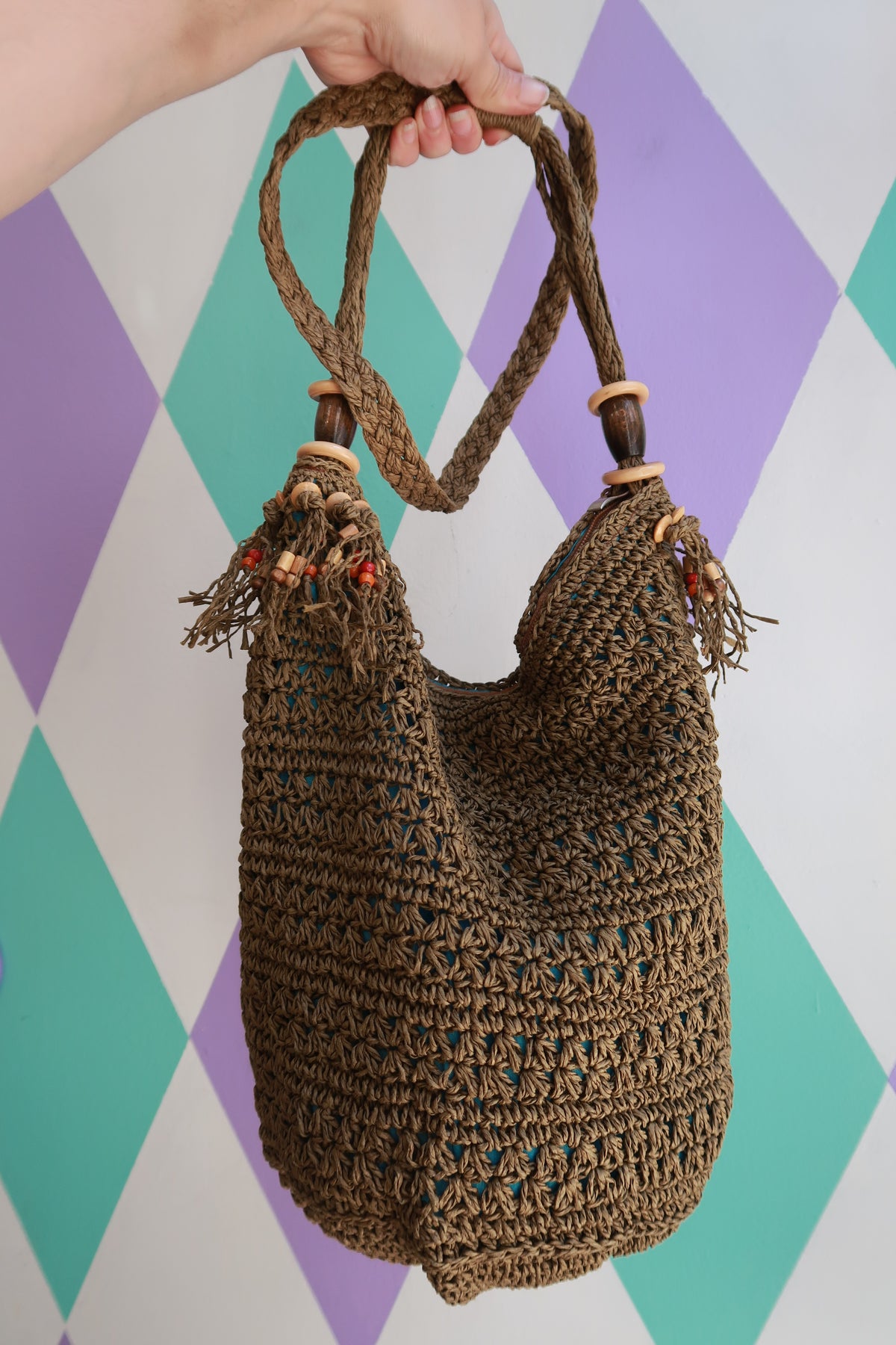 Vintage Brown Crochet Boho Shoulder Bag with Wooden Bead Accents